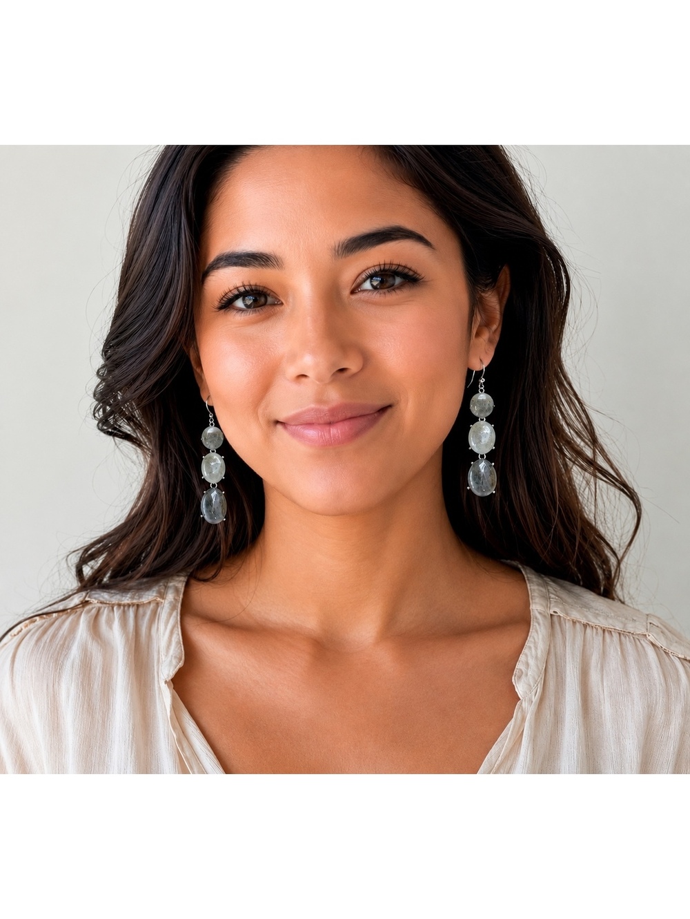 Natural Gray Labradorite Triple Tiered Drop Earrings – Silver Tone